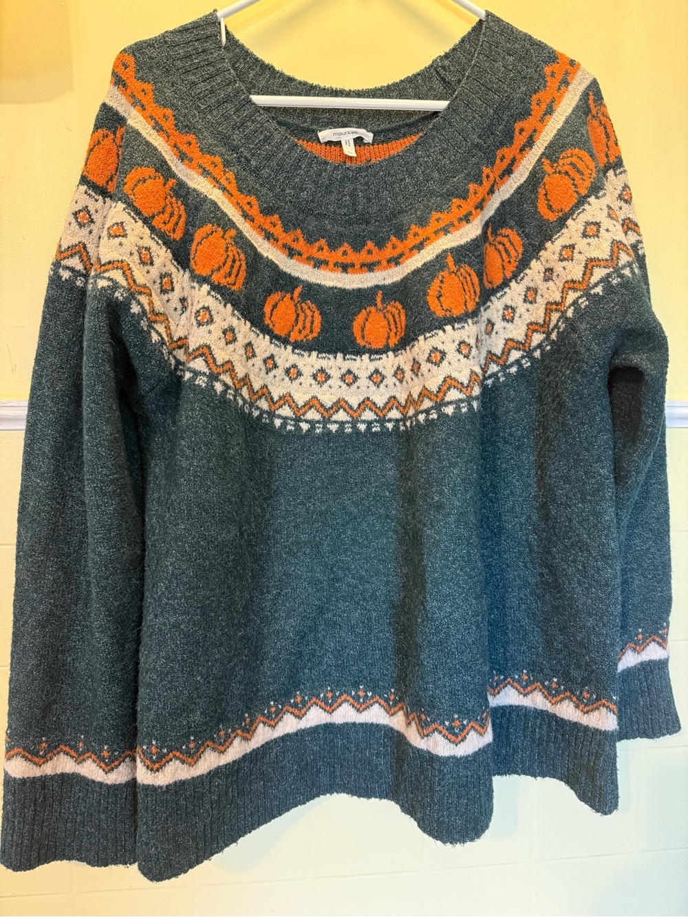 Maurices Green & Orange Fair Isle Crewneck Sweater with Pumpkin Motif